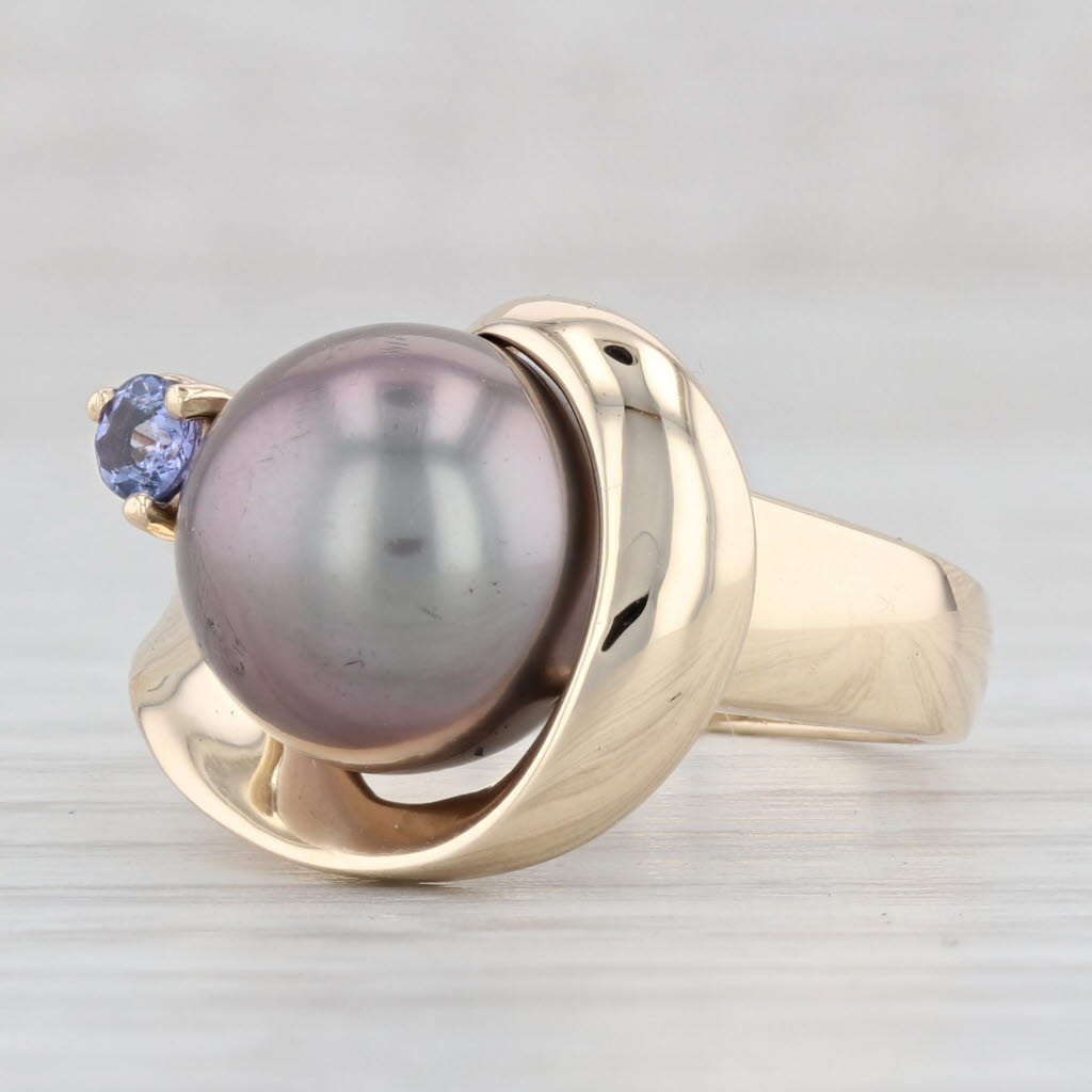 Light Gray Black Cultured Pearl Tanzanite Wrap Ring 14k Yellow Gold Size 6.75