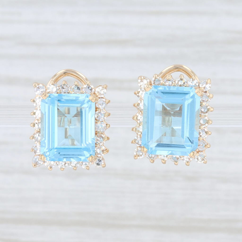 Light Gray 11.70ctw Blue Topaz Diamond Halo Earrings 14k Yellow Gold Pierced Omega Backs