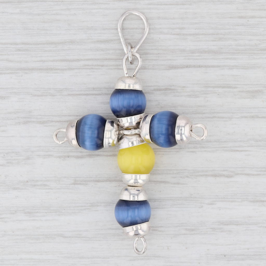 Light Gray New Yellow Blue Glass Bead Cross Pendant Sterling Silver Statement B12819