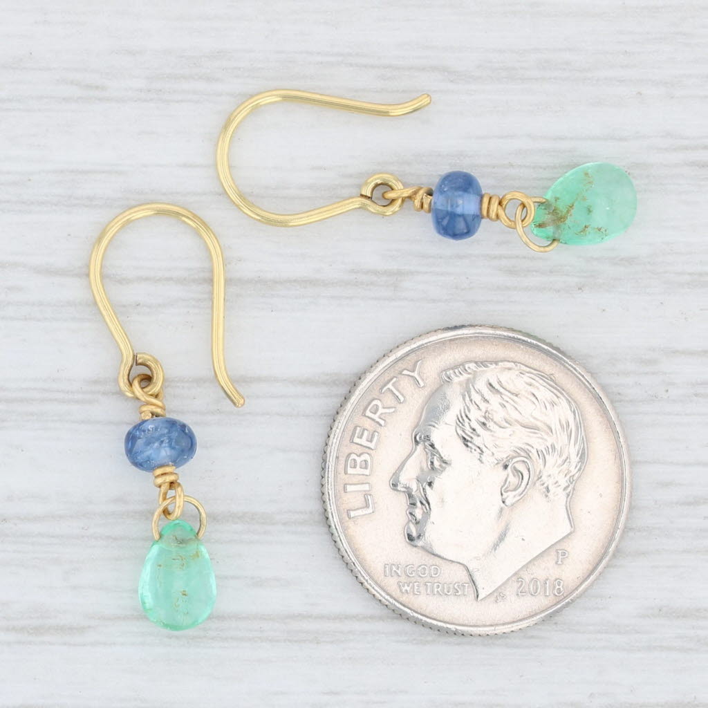 Light Gray Artisan Emerald Tanzanite Bead Earrings 14k Yellow Gold Dangle Hook Posts