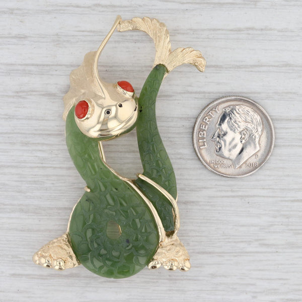 Light Gray Green Nephrite Jade Carved Dragon Brooch 14k Yellow Gold Coral Pin Asian Jewelry
