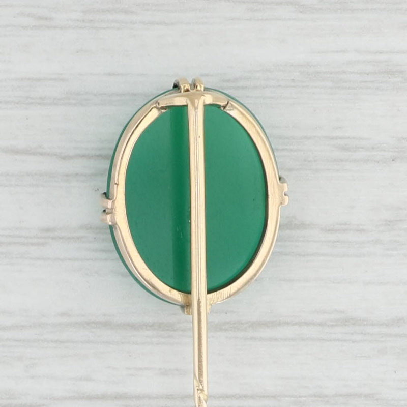 Light Gray Antique Green Chalcedony Cameo Stickpin 10k Yellow Gold