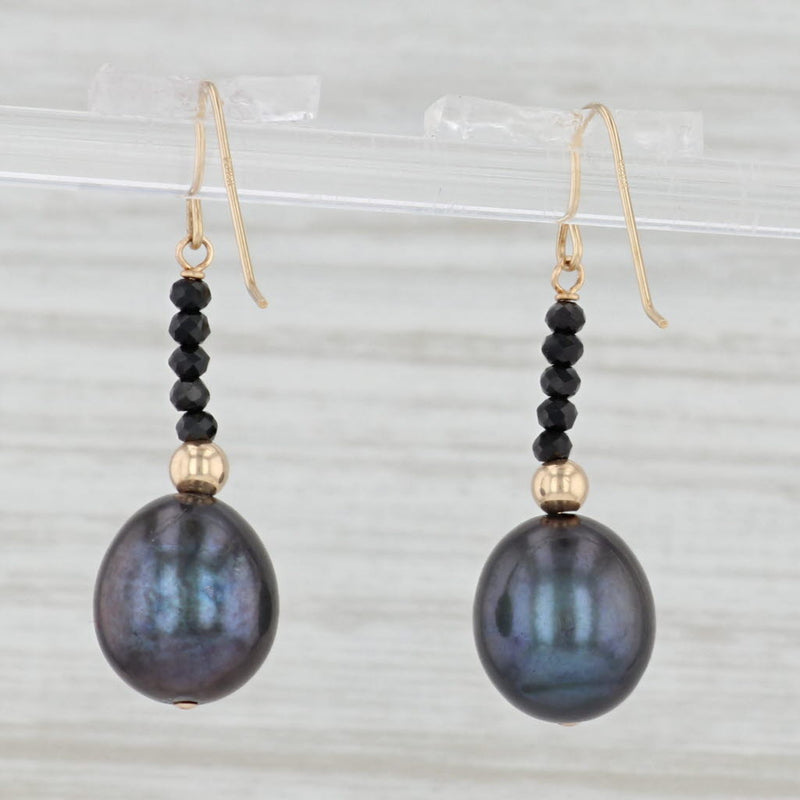 Cultured Black Pearl Cubic Zirconia Earrings 14k Yellow Gold Hook Posts Dangles