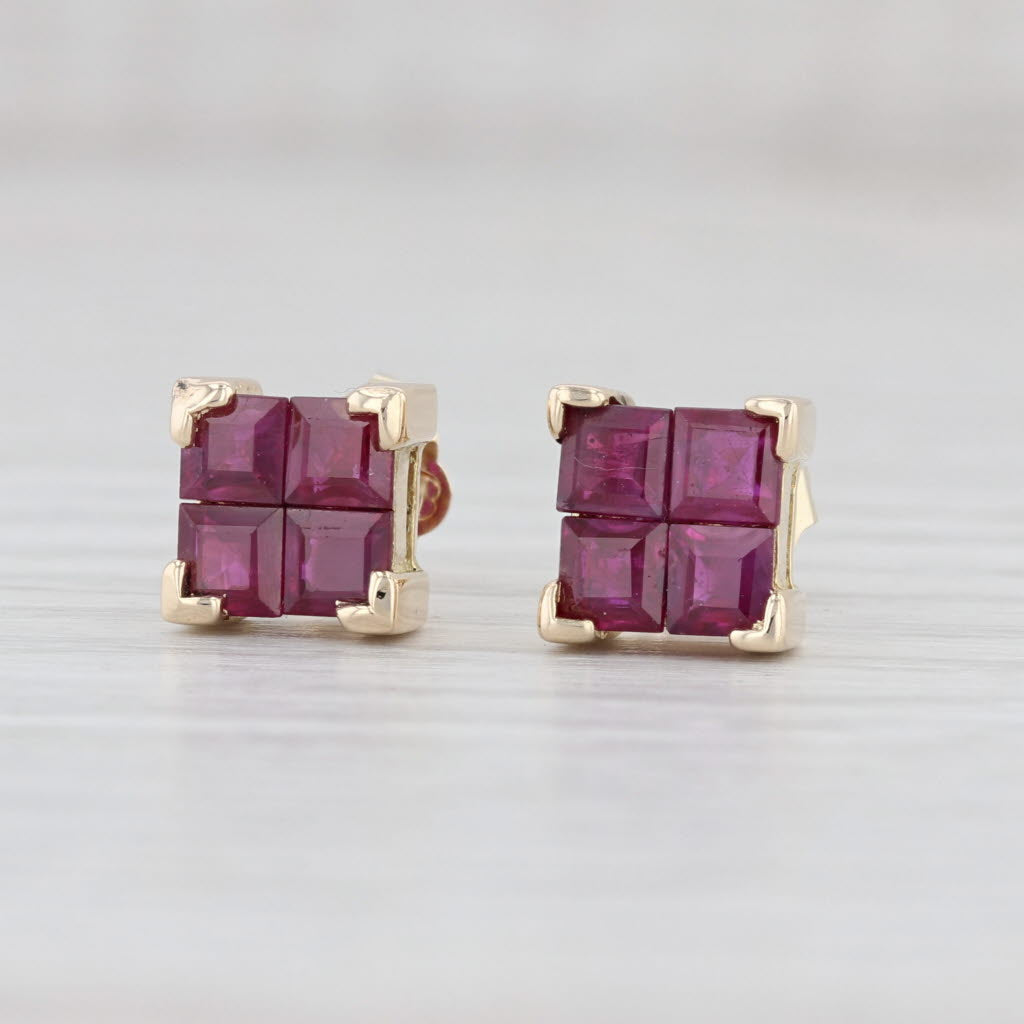 Light Gray 1.76ctw Ruby Square Princess Stud Earrings 14k Yellow Gold July Birthstone