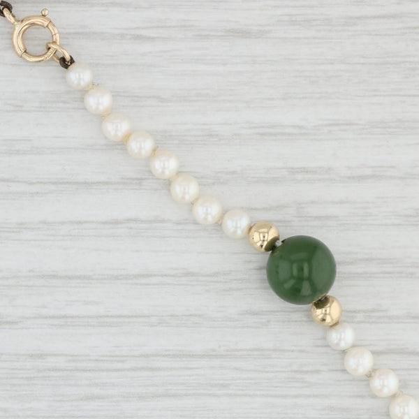 Light Gray Green Nephrite Jade Cultured Pearl Bead Strand Necklace 14k Yellow Gold 26"