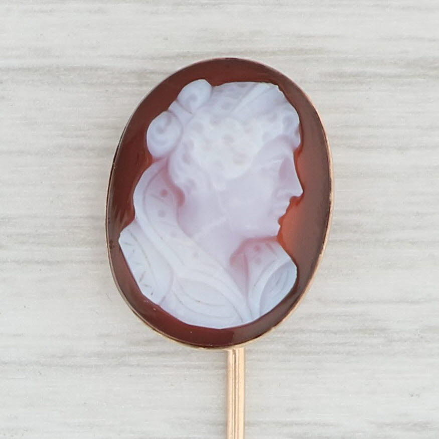 Light Gray Antique Cameo Stickpin 10k Yellow Gold Carved Chalcedony Pin