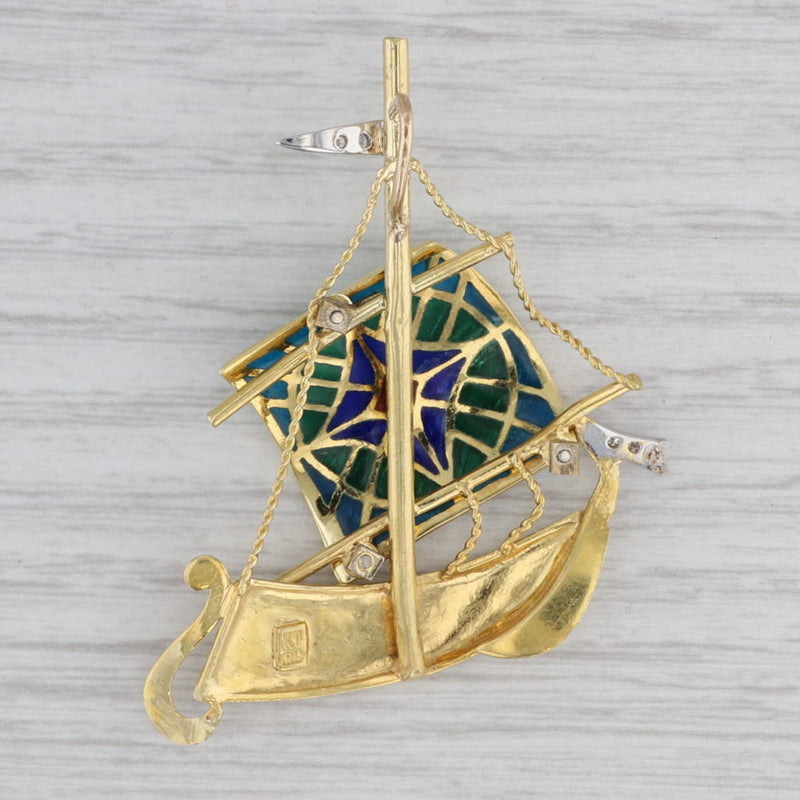 Ornate Ship Pendant 18k Gold Diamond Enamel Statement Nautical Viking
