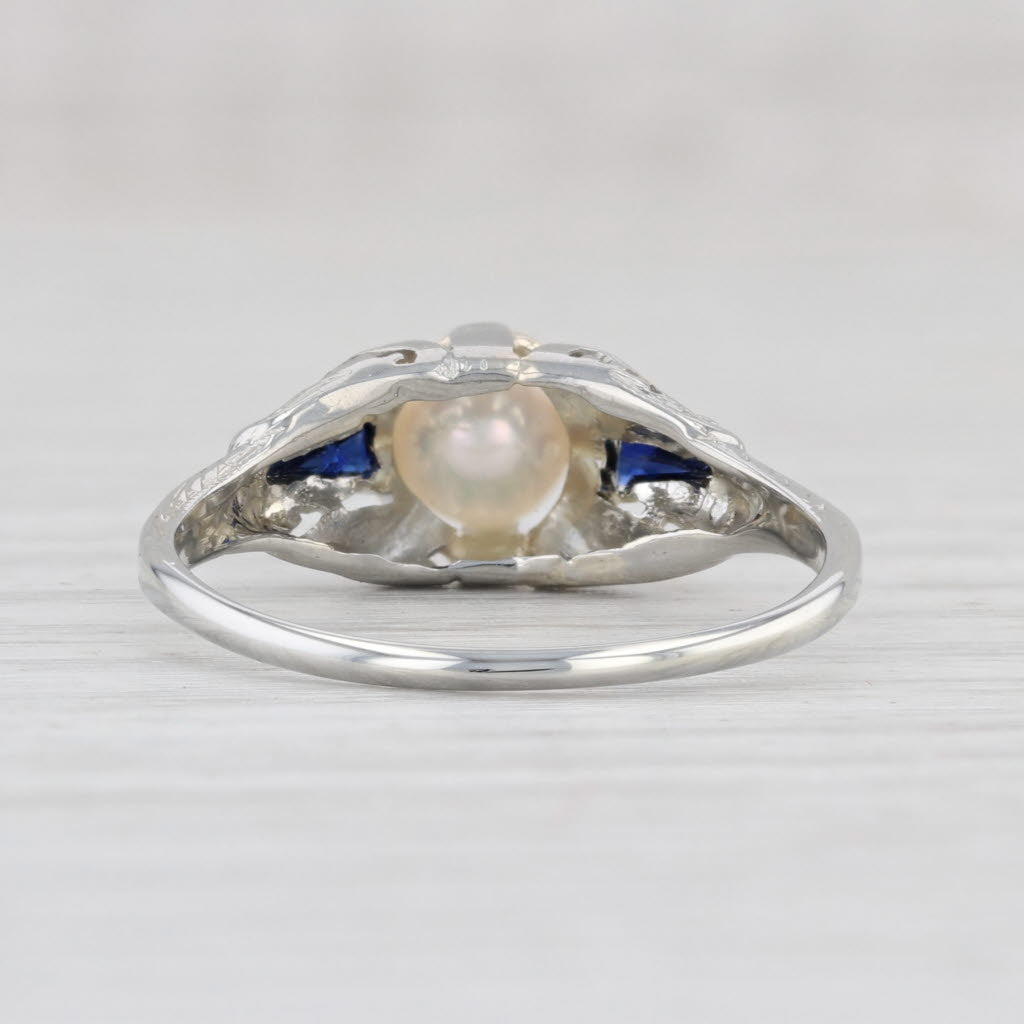 Light Gray Art Deco Cultured Pearl Lab Created Sapphire Ring 18k White Gold Size 7.75