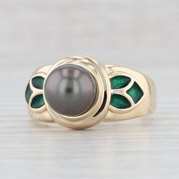 Light Gray Cultured Black Pearl Ring 14k Yellow Gold Resin Size 9 Round Solitaire