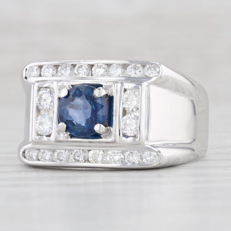 Light Gray 1.42ctw Round Blue Sapphire Diamond Ring 18k White Gold Size 9