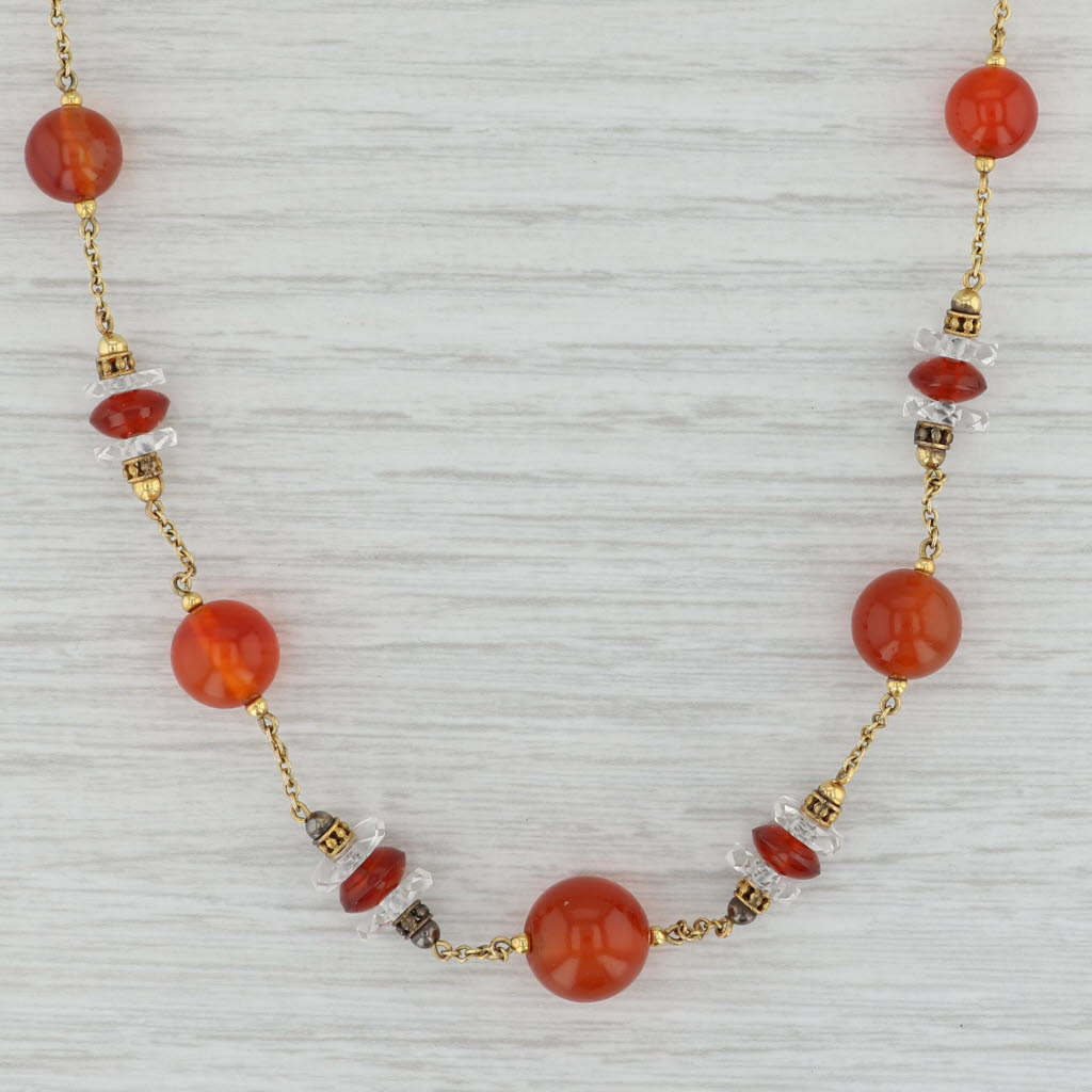 Orange Carnelian & Quartz Bead Necklace 10k Yellow Gold Cable Chain 17.5"