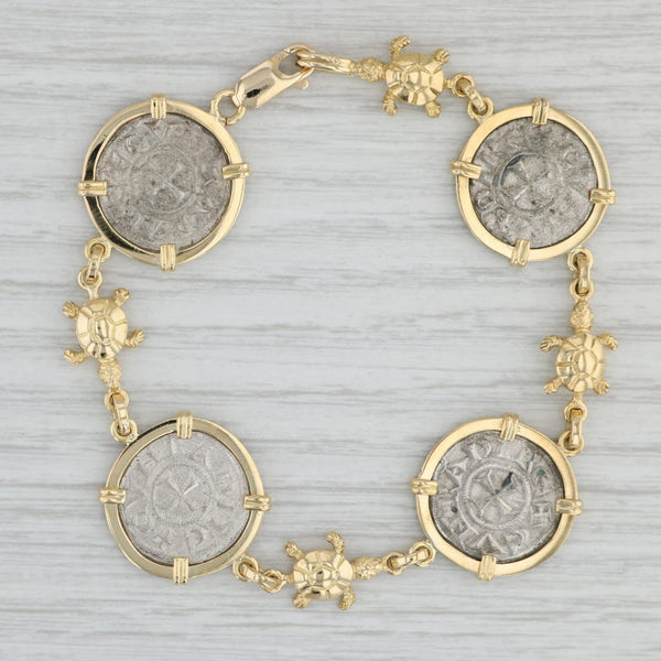 Gray Antique Coin Turtle Link Bracelet 18k Yellow Gold 500 Silver 7.5"