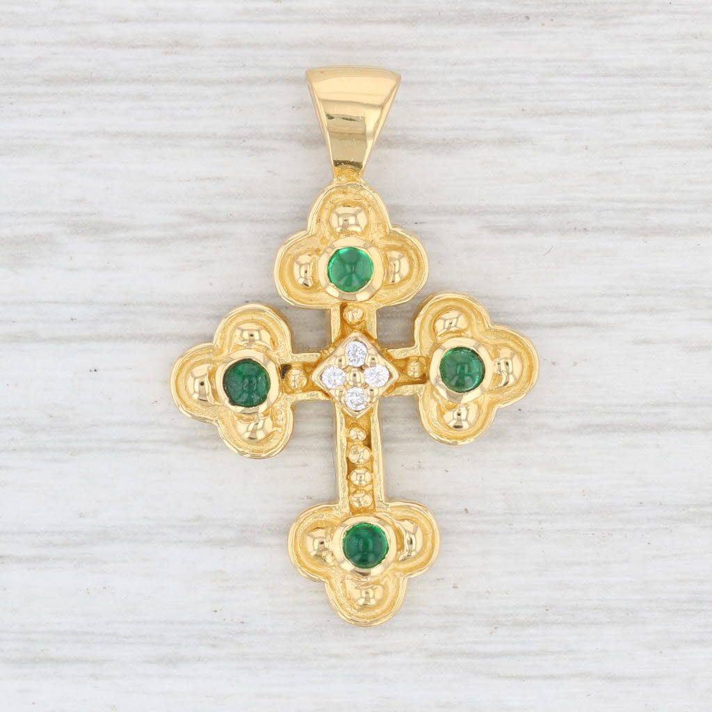 Light Gray Kabana Emerald Diamond Pendant 22k Yellow Gold Ornate Religious Jewelry