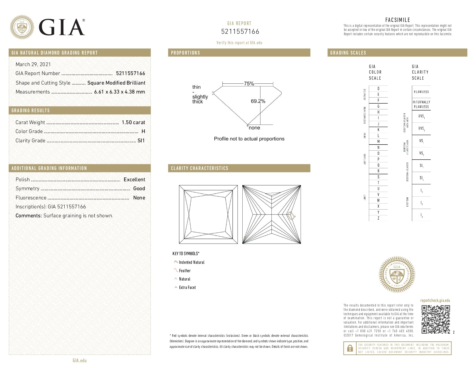 White Smoke 1.50ct Loose Diamond GIA Graded Princess Square Brilliant Solitaire H SI1