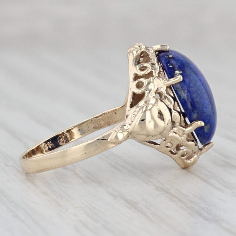 Blue Lapis Lazuli Oval Cabochon Solitaire Ring 10k Yellow Gold Heart Accents 6