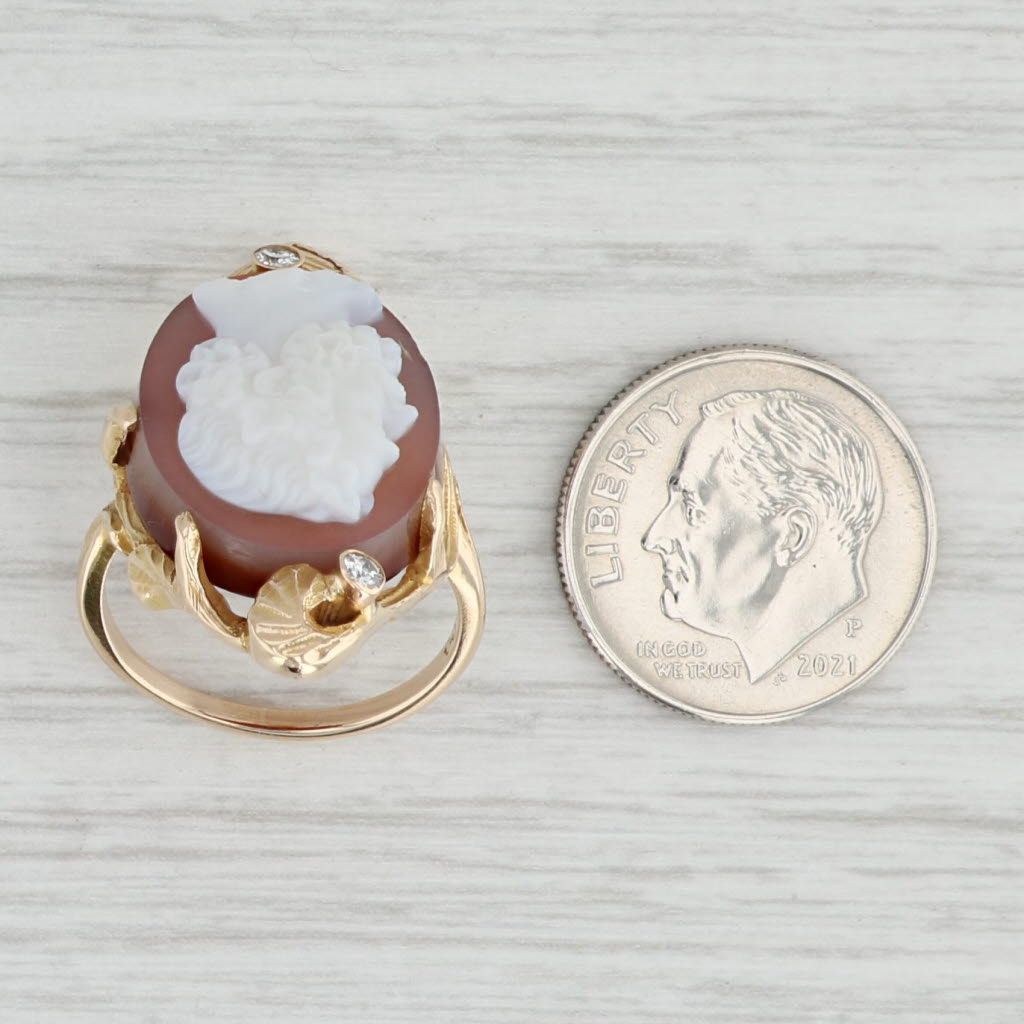 Light Gray Antique Sardonyx Cameo Diamond Ring 10k Yellow Gold Size 5 Male Figural