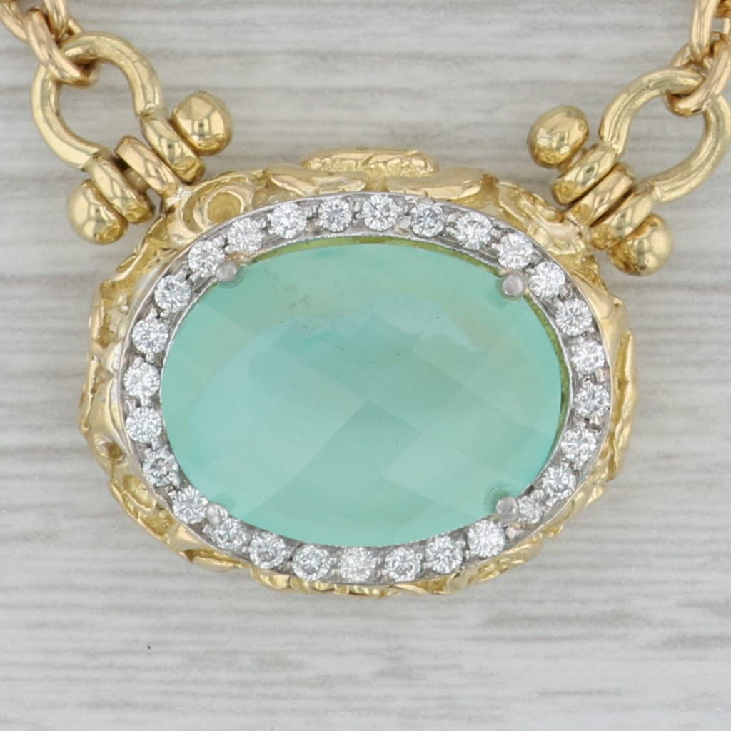 Gray Green Chalcedony Diamond Halo Statement Necklace 18k Yellow Gold 16"