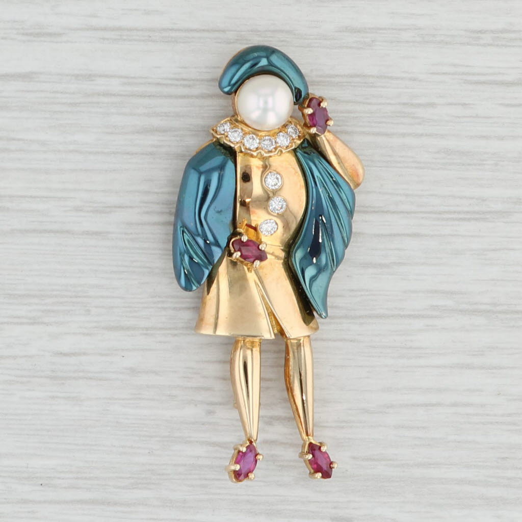 Light Gray Ludwig Muller La Commedia dell'arte Brooch 18k Gold Pearl Diamond Ruby Pin