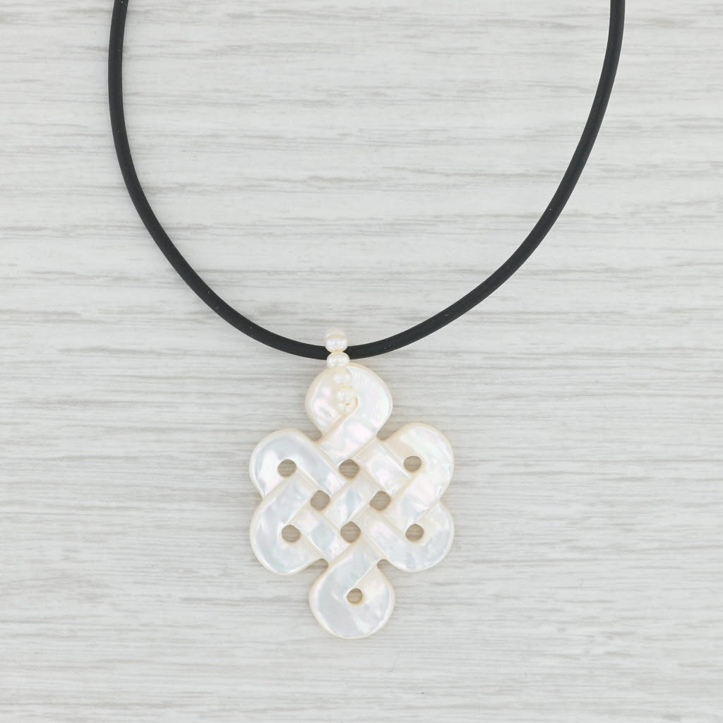 Light Gray Mother of Pearl Celtic Knot Cultured Pearl Pendant Necklace Black Cord 14k Gold