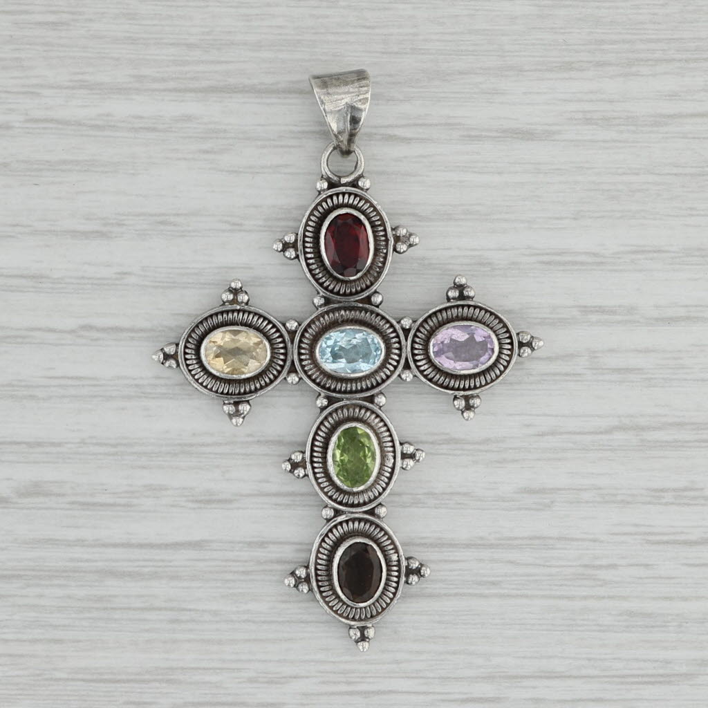 Gray 4.70ctw Gemstone Cross Pendant Sterling Silver Garnet Topaz Amethyst Peridot