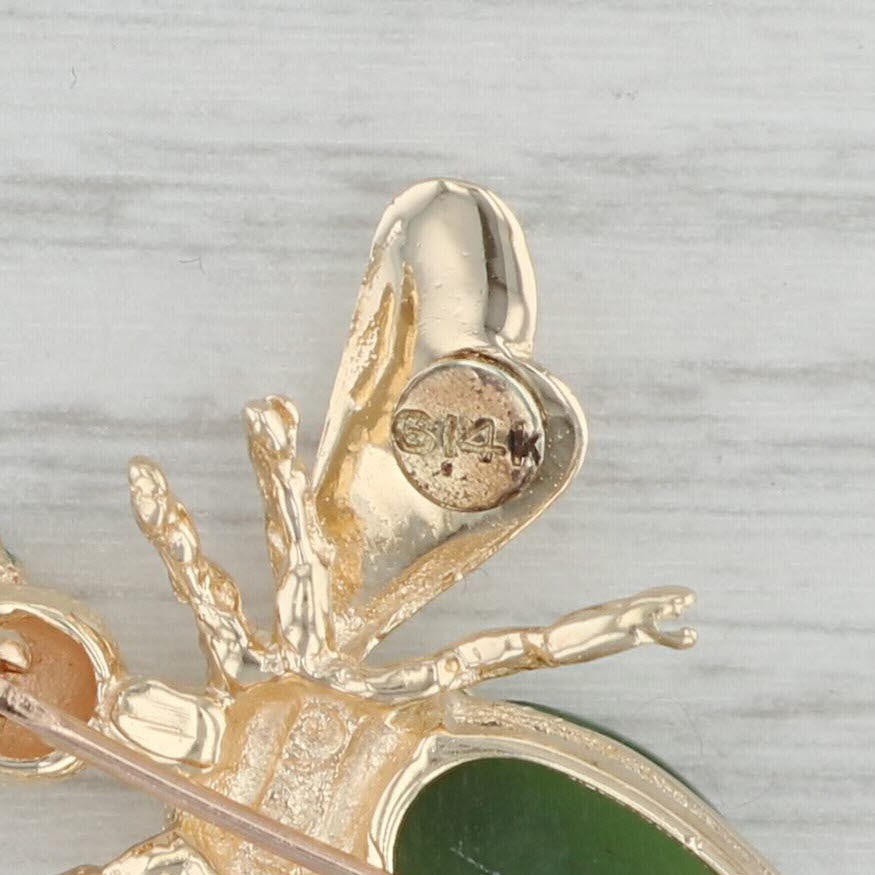 Gray Flying Insect Brooch 14k Gold Green Serpentine Chalcedony Vintage Pin