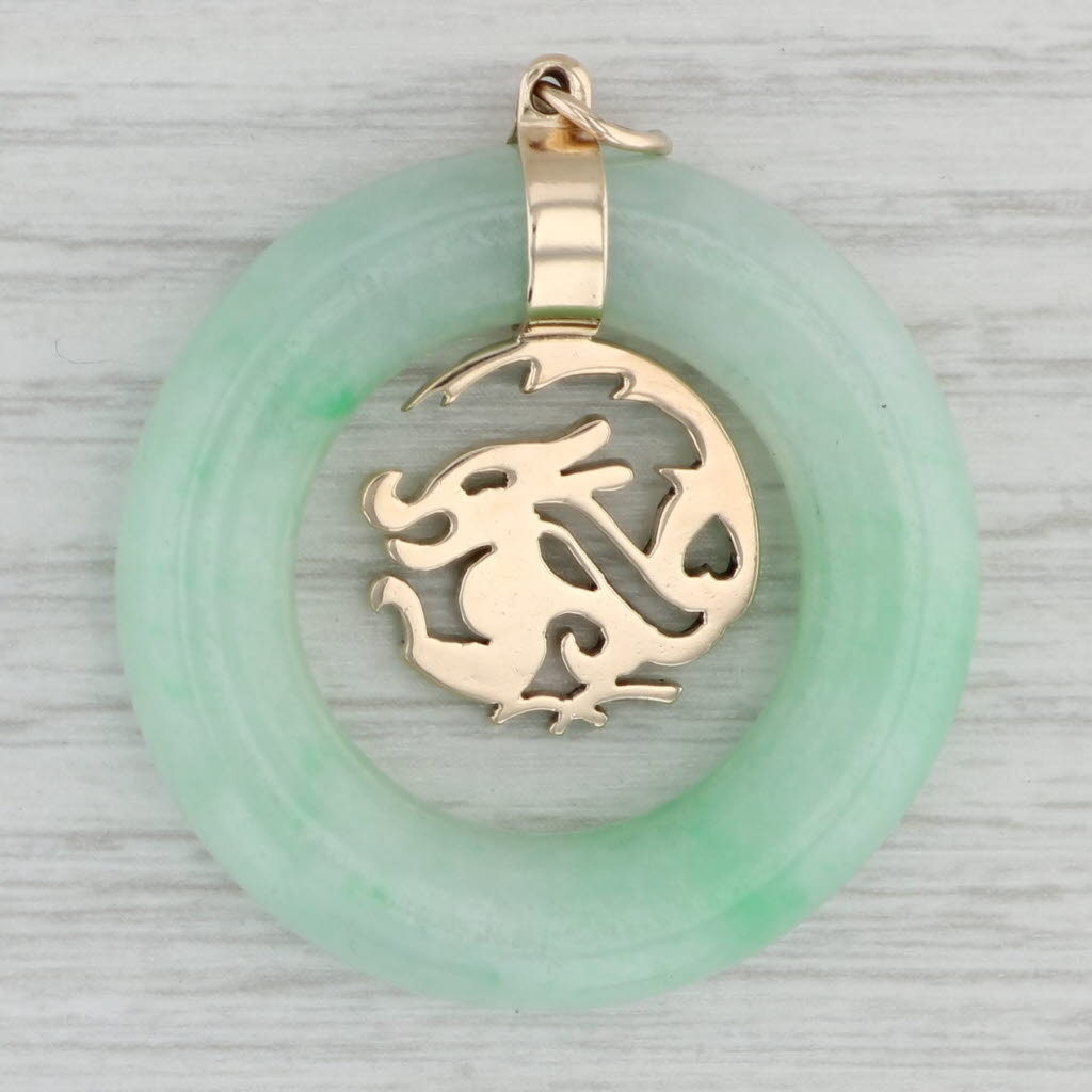 Gray Green Jadeite Jade Torus Dragon Pendant 14k Yellow Gold Asian Jewelry Statement