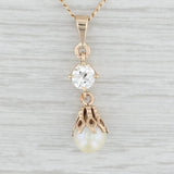 Vintage Cultured Pearl 0.45ct Diamond Pendant Necklace 14k Gold 18" Curb Chain