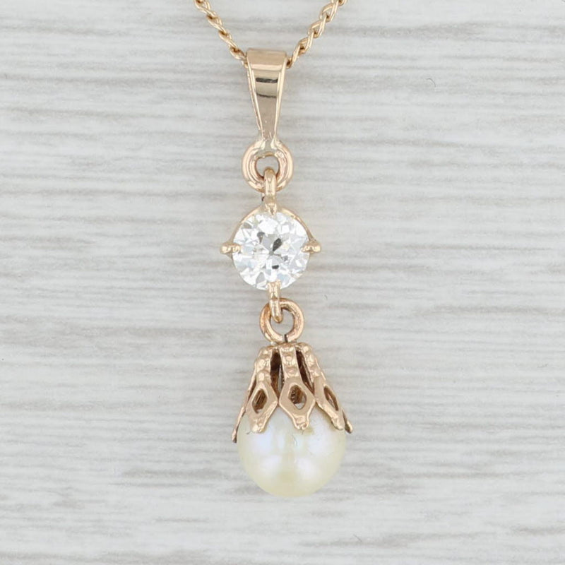 Vintage Cultured Pearl 0.45ct Diamond Pendant Necklace 14k Gold 18" Curb Chain