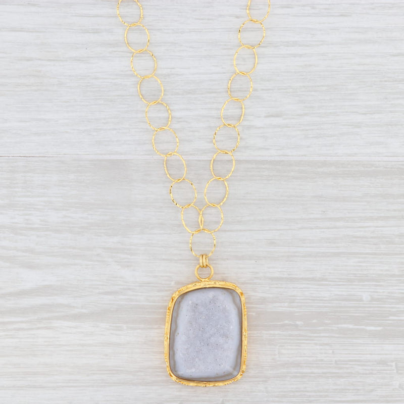 New Nina Nguyen White Druzy Quartz Agate Pendant Necklace Gold Vermeil Sterling