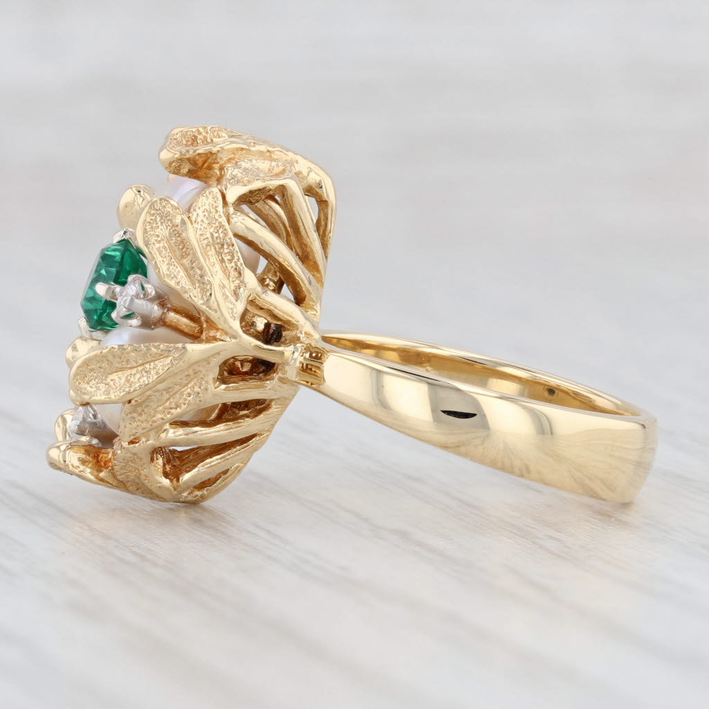 Light Gray Baroque Pearl Lab Created Emerald Diamond Cluster Flower Ring 18k Gold Size 5.5