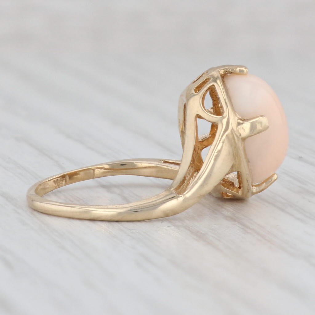 Light Gray Angle Skin Coral Oval Cabochon Bypass Ring 14k Yellow Gold Size 6