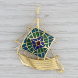 Ornate Ship Pendant 18k Gold Diamond Enamel Statement Nautical Viking