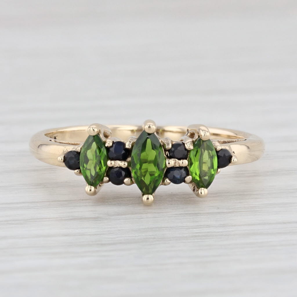 Light Gray 0.65ctw Green Chrome Diopside Blue Sapphire Ring 14k Gold Marquise 3-Stone