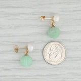 Light Gray Cultured Pearl Green Glass Carved Flower Bead Earrings 14k Yellow Gold