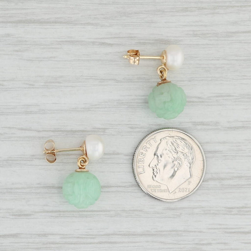 Cultured Pearl Green Glass Carved Flower Bead Earrings 14k Yellow Gold