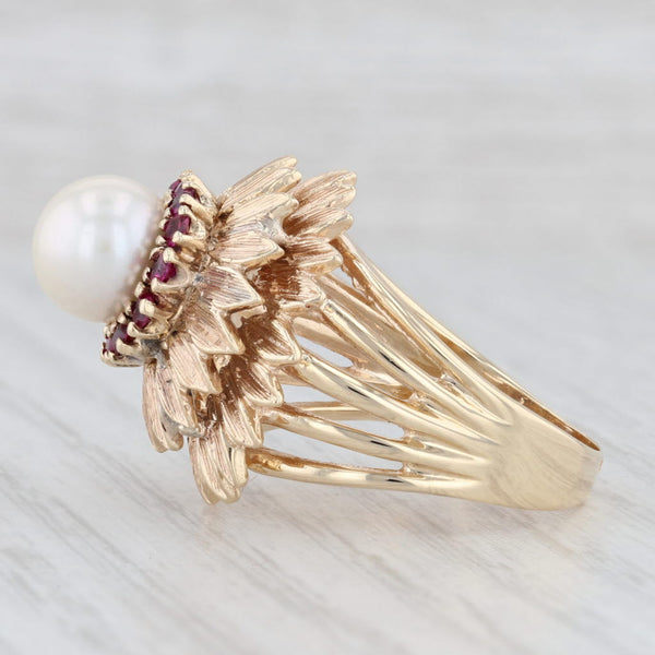 Light Gray Cultured Pearl Lab Created Ruby Flower Cocktail Ring 14k Yellow Gold Size 8.25