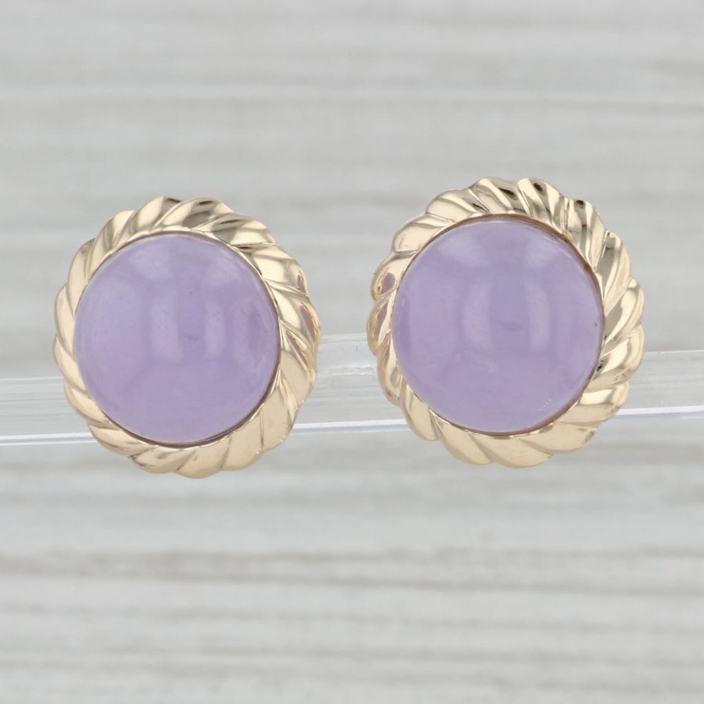 Gray Lavender Jadeite Jade Stud Earrings 14k Yellow Gold Round Cabochon Studs