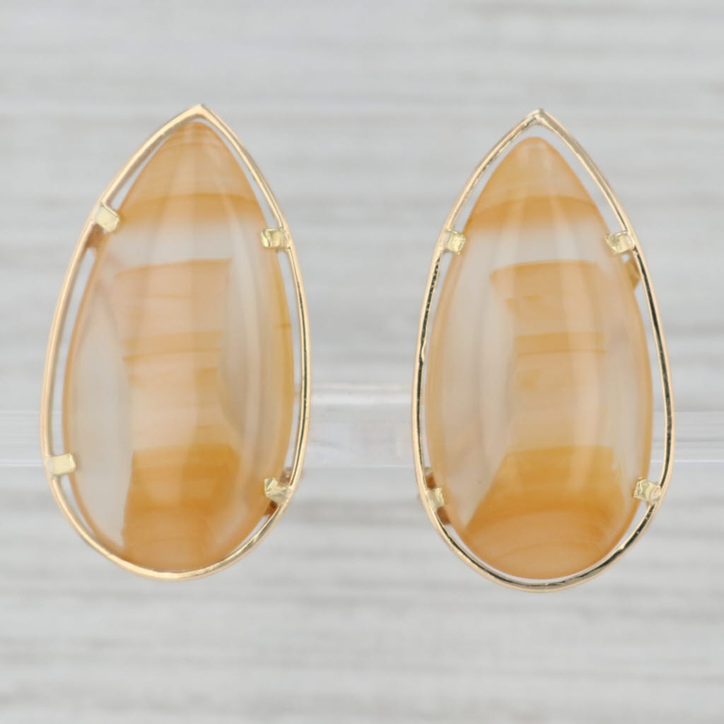 Gray Agate Teardrop Statement Earrings 18k Yellow Gold Non Pierced Clip On