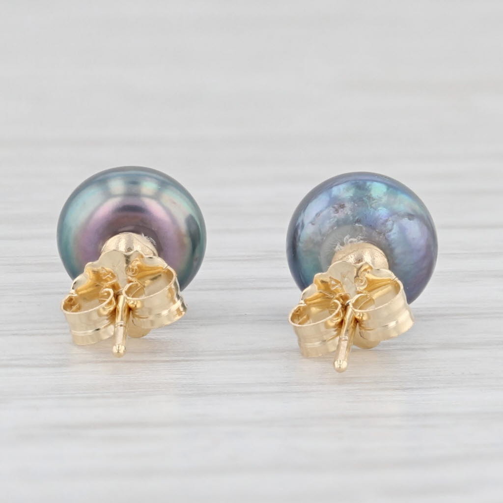 Light Gray Cultured Black Pearl Stud Earrings 14k Yellow Gold Pierced Studs