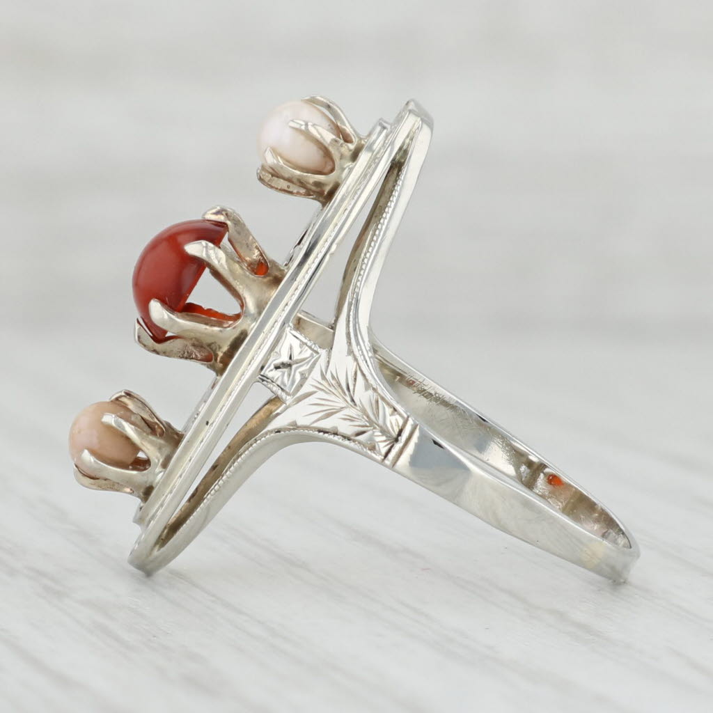 Light Gray Edwardian Cultured Pearl Carnelian Ring 14k White Gold Size 6.75 Antique Floral