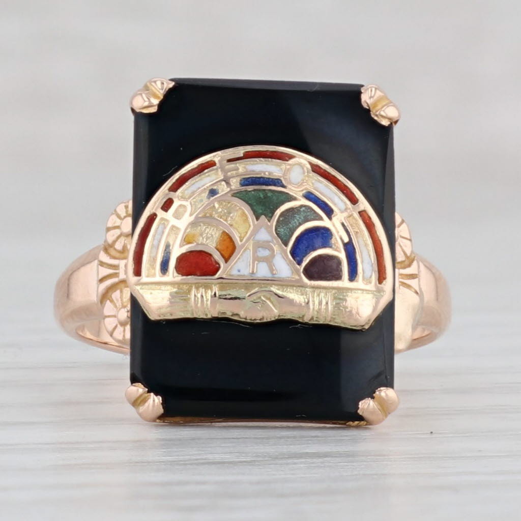 Light Gray Vintage Onyx Rainbow Girls Signet Ring 10k Yellow Gold Size 6.5 Masonic Youth