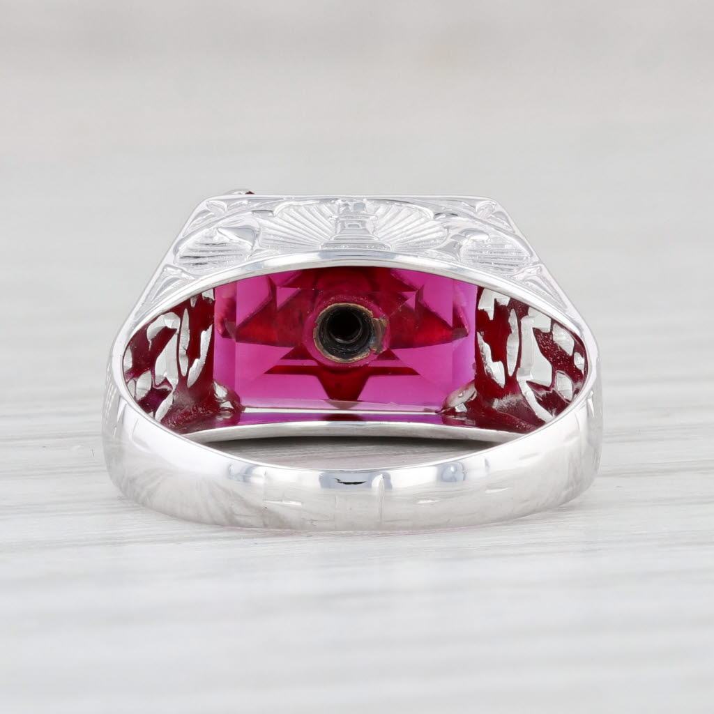 Light Gray Ornate Order Eastern Star Synthetic Ruby 14k White Gold Size 5.5 Masonic