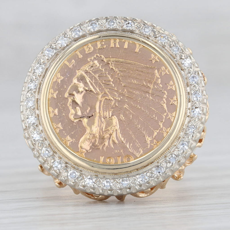 Light Gray 0.26ctw Diamond Halo Indian Head Coin Ring 14k 900 Gold 1910 2.5 Dollars Sz 9.5