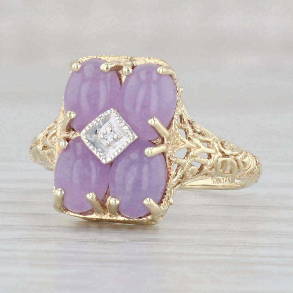 Light Gray Lavender Jadeite Jade Diamond Filigree Ring 14k Yellow Gold Size 8