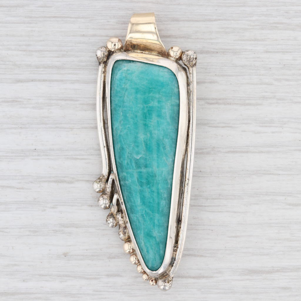 Light Gray Green Amazonite Pendant Brooch Sterling Silver 14k Gold Burkett Statement