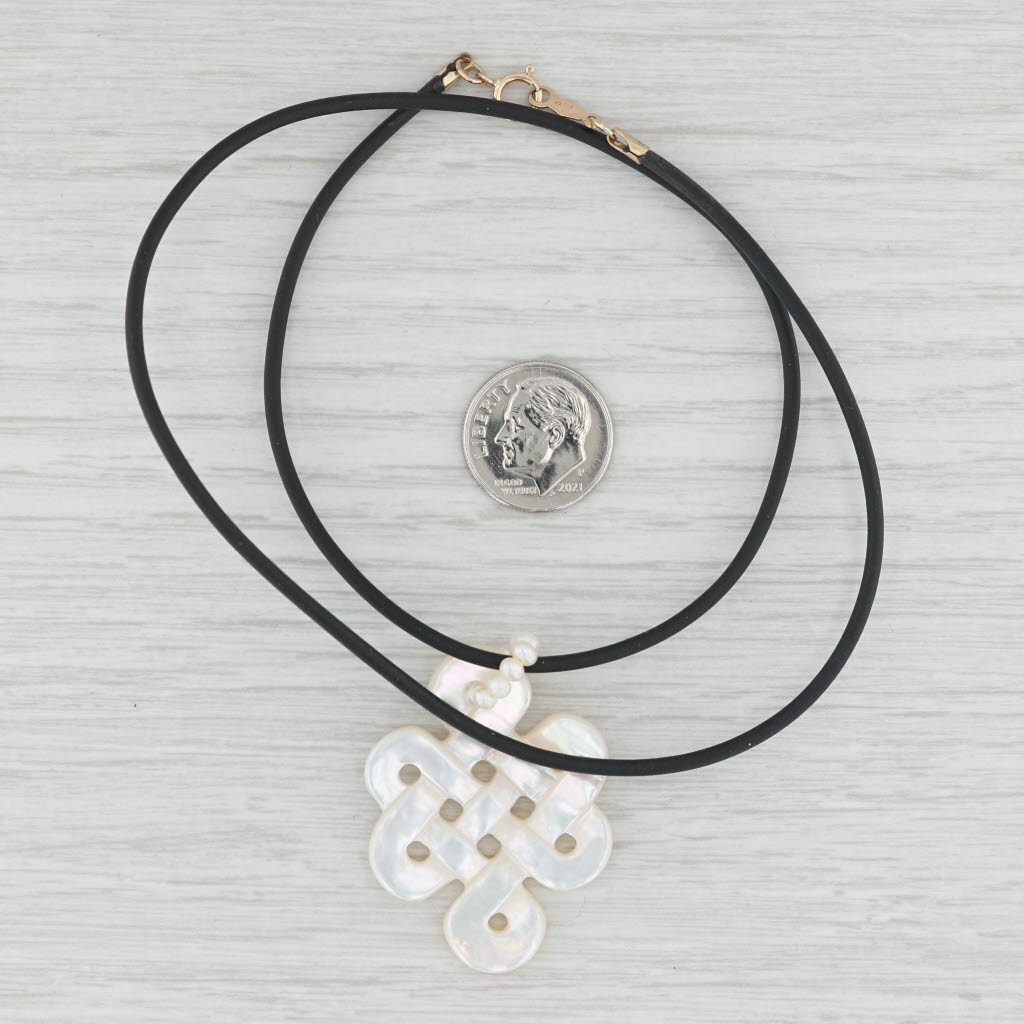 Light Gray Mother of Pearl Celtic Knot Cultured Pearl Pendant 14k Gold Black Cord Necklace