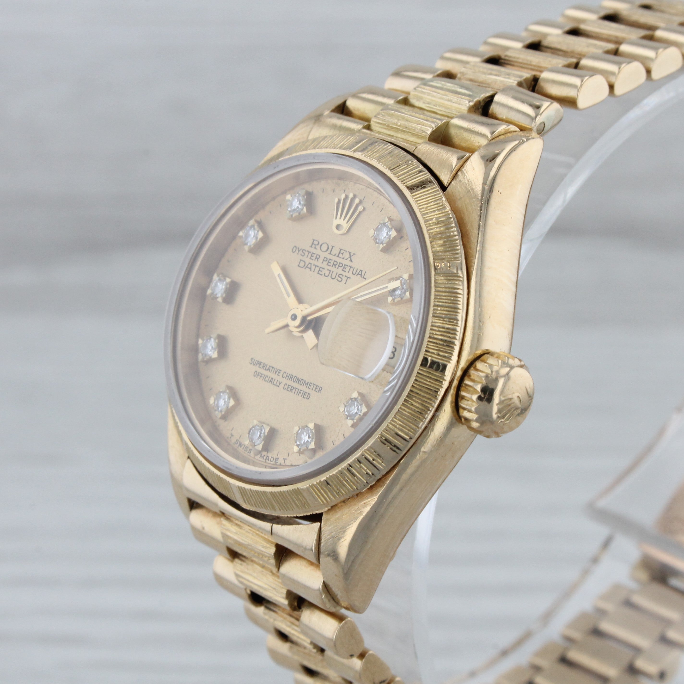 Gray 1987 Rolex Ladies Datejust 69278 18k Gold President Automatic Watch Diamond Dial