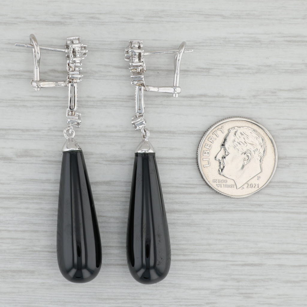 Gray Diamond Black Glass Drop Dangle Earrings 14k White Gold Pierced Omega Backs