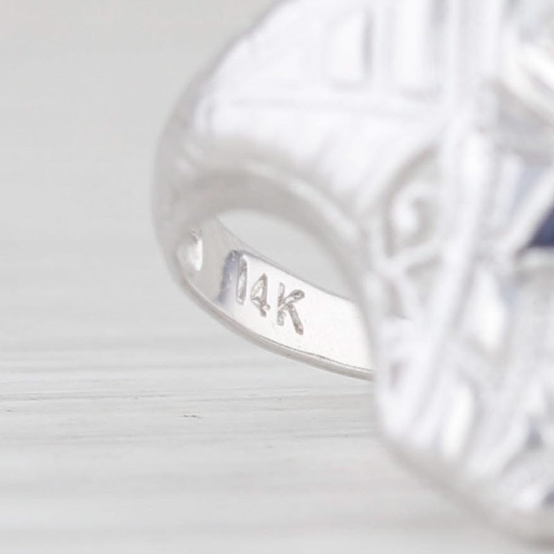 Light Gray Art Deco Synthetic Blue Sapphire Diamond Ring 14k White Gold Size 6