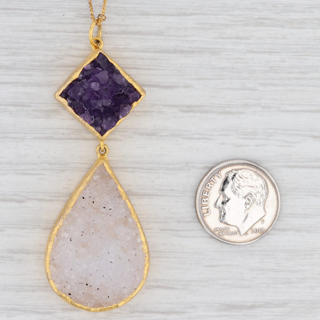 Light Gray New Nina Nguyen Druzy Quartz Amethyst Pendant Necklace Sterling Gold Vermeil